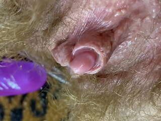 Bunny vibrator test masturbation POV closeup erected big clit wet orgasm hairy pussy