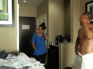 ROOM SERVICE&excl; Slutty Latina maid Jolla fucks hotel guest and leads a mess in the room&period;