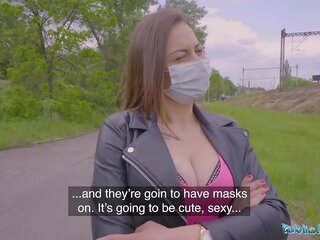 Public Agent Face Mask Fucking a inviting sweet girl with Big Natural Boobs