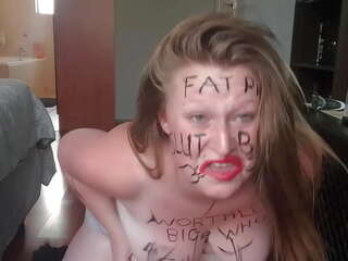 Big fat worthless pig degrading herself &vert; body writing &vert;hair pulling &vert; self slapping