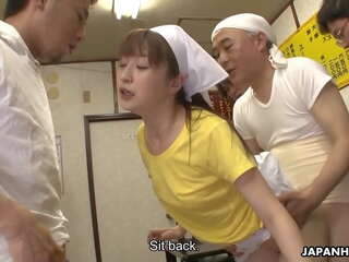 Enchanting Japanese waitress Asuka gets gangbanged and creampied in public
