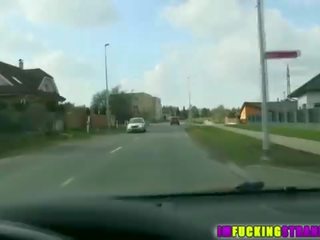 Dapper hitchhiker Eveline Delai gets spotted by dude and fucked